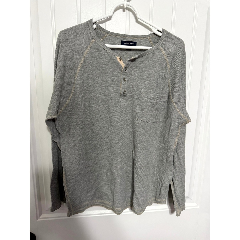 J.Crew Henley Mens Large Grey Waffle Knit Cotton Pocket Long Sleeve EUC